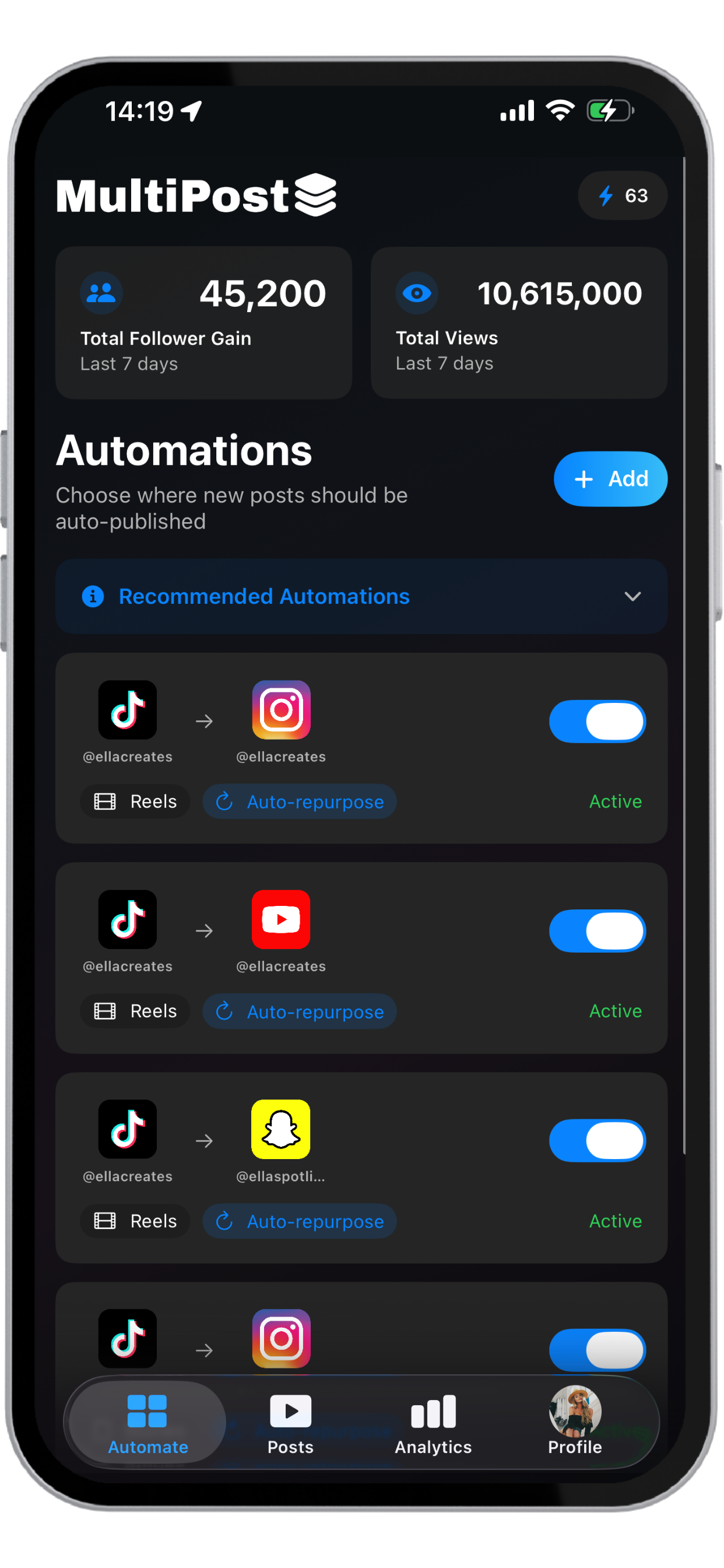 MultiPost Automate screen showing follower stats and platform automations